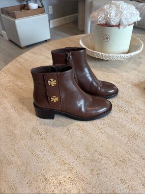Tory Burch Dark Brown Leather Ankle Boots with Gold Logo Medallions